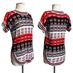 70s vintage short sleeve sweater top plaid pattern knitted acrylic hippie boho.